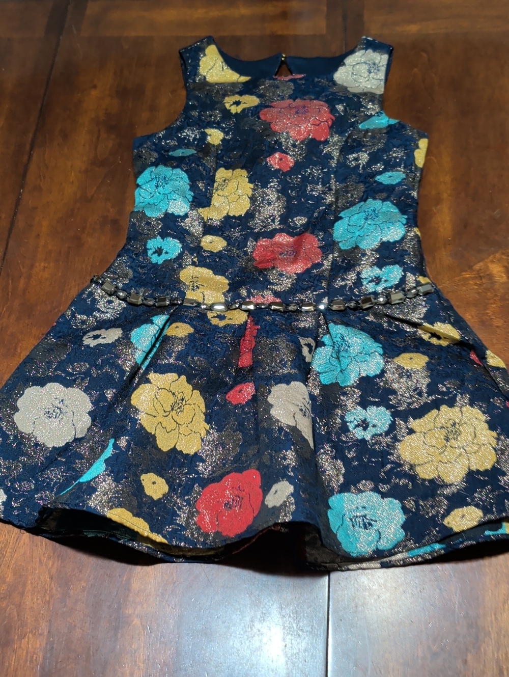 Trixxi Girl Metallic Floral Jacquard Fit N Flare Dress Girl Size 10 Navy Glam